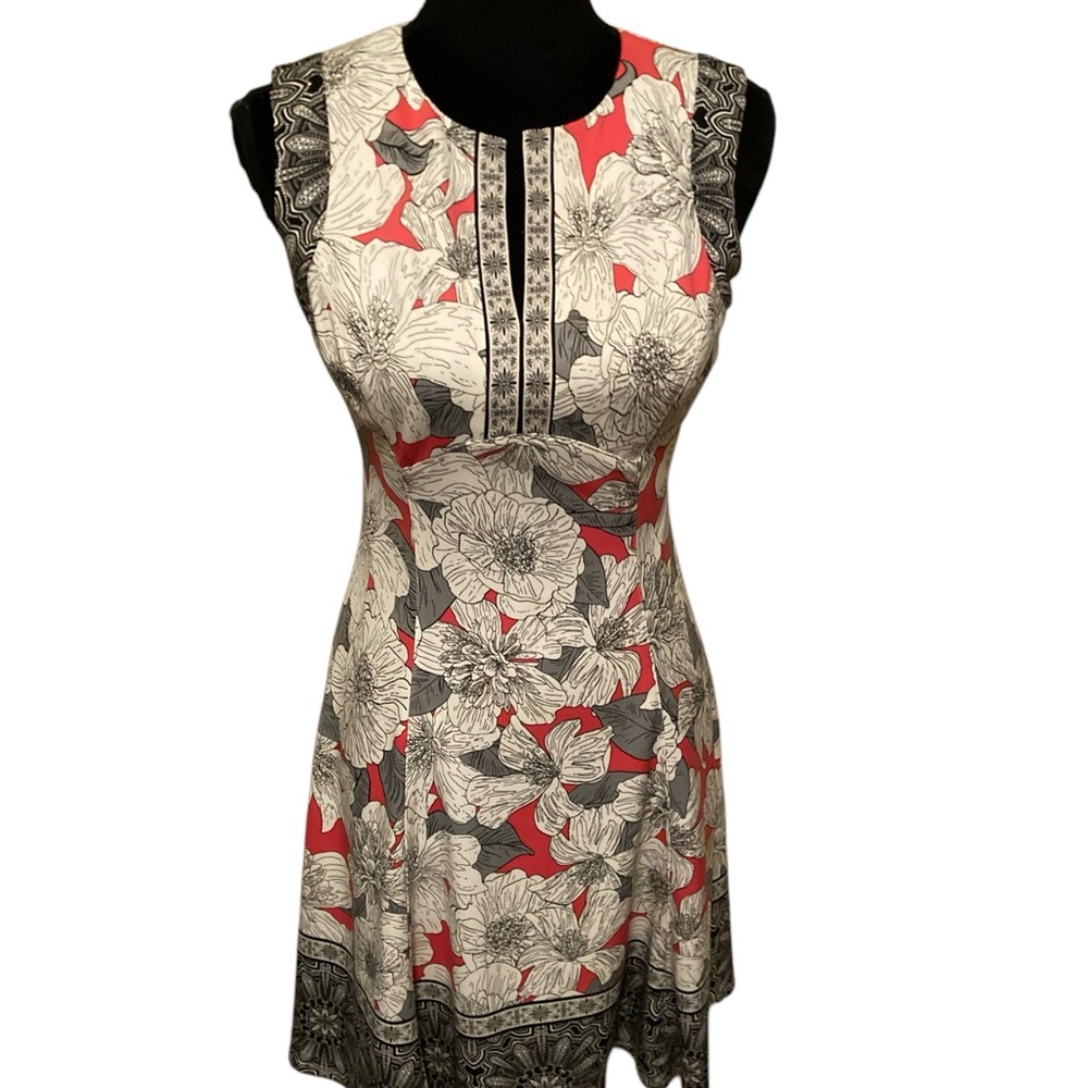 Red and Cream V Neck Sheath Midi Sleeveless Dress